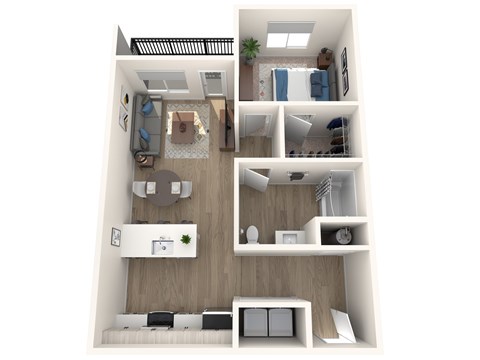 A 3D floor plan of a small apartment with a kitchen, living room, and bedroom.